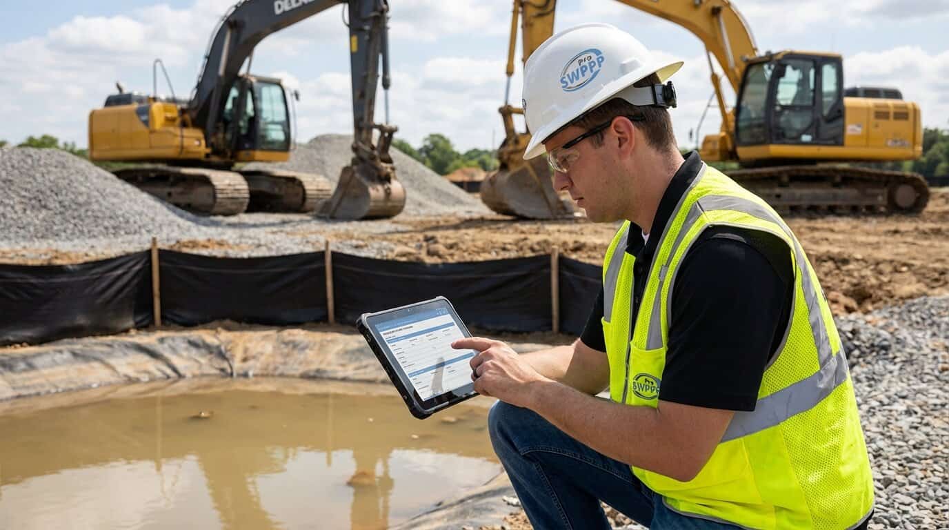 Worker inspecting stormwater management equipment and updating SWPPP documentation on a tablet