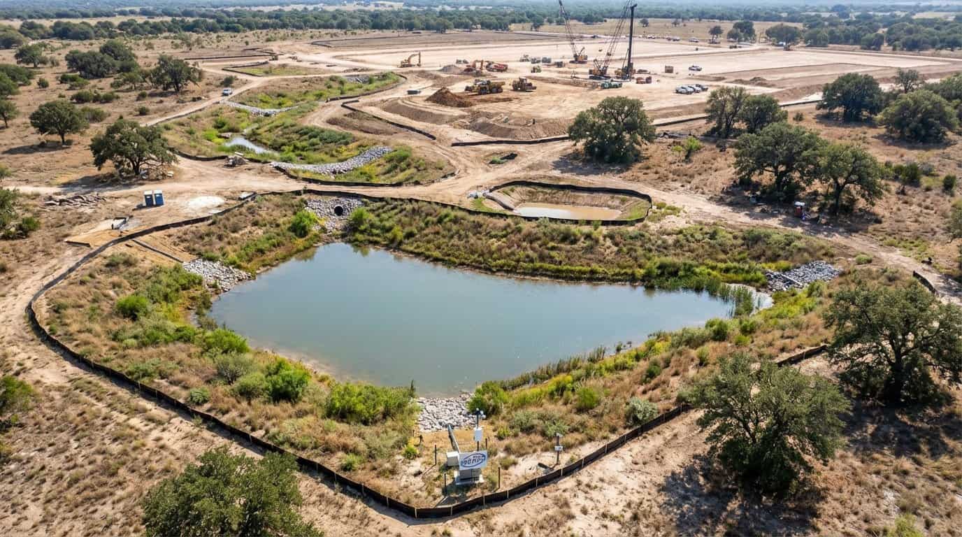 Aerial view of construction stormwater BMPs including retention pond and vegetated buffer zones in Texas