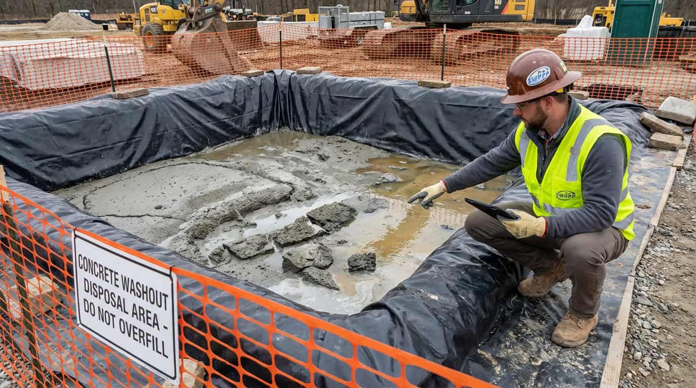 Worker inspecting a concrete washout pit with hardened slurry and marked disposal area