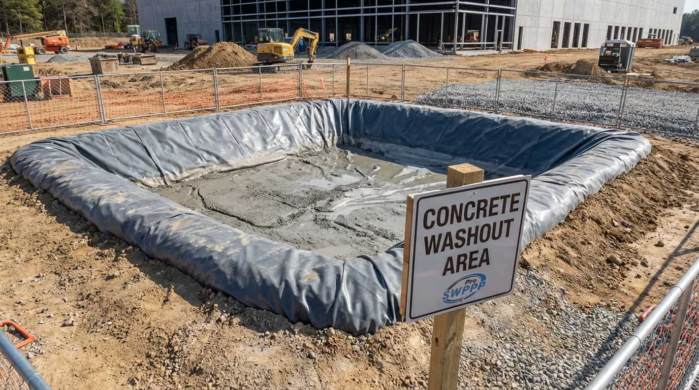 Labeled diagram showing concrete washout area with liner berm and signage near construction site