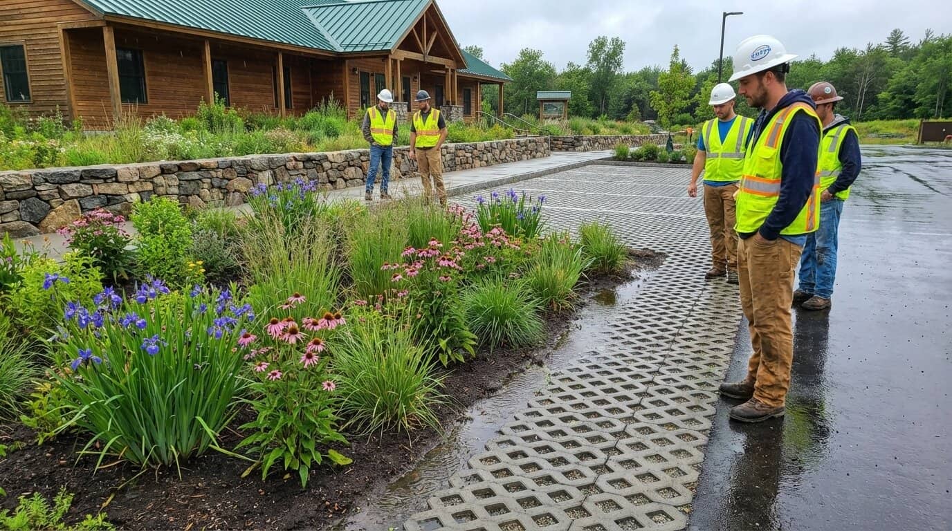 Low-impact development stormwater feature with rain garden and permeable pavement in Maine