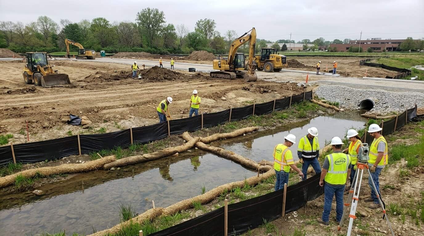 Illinois construction site with erosion control measures and silt fencing protecting water resources