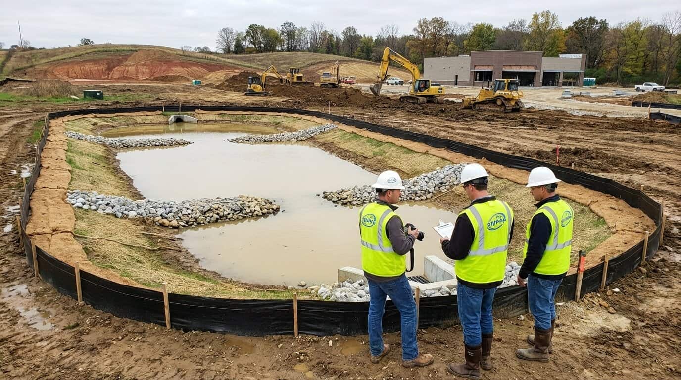 Sediment control basin and perimeter controls on active Illinois construction site during inspection