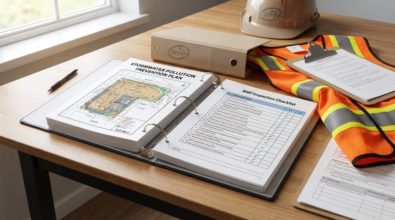 Close-up of a SWPPP binder open on a desk with site map and BMP checklist visible next to safety vest and clipboard