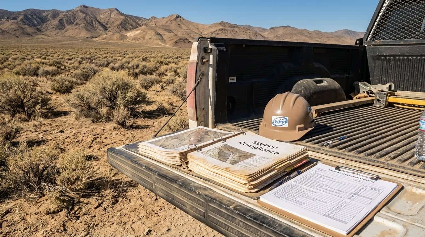 SWPPP binder and site inspection checklist on a truck tailgate with Nevada desert landscape in background