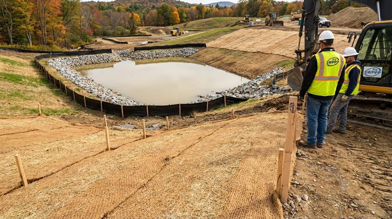 erosion control blanket and sediment basin on a New Hampshire construction site