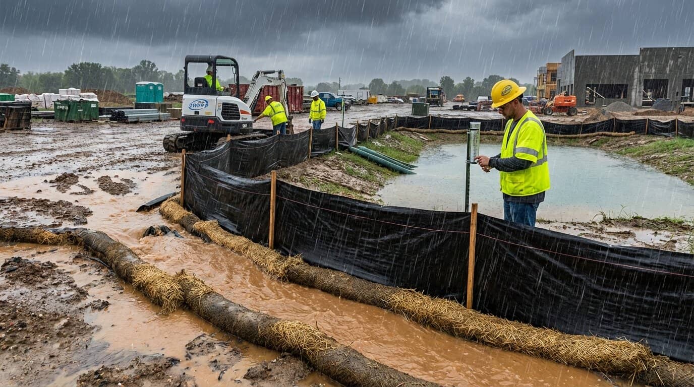 Heavy rain runoff from construction site with sediment control barriers in place