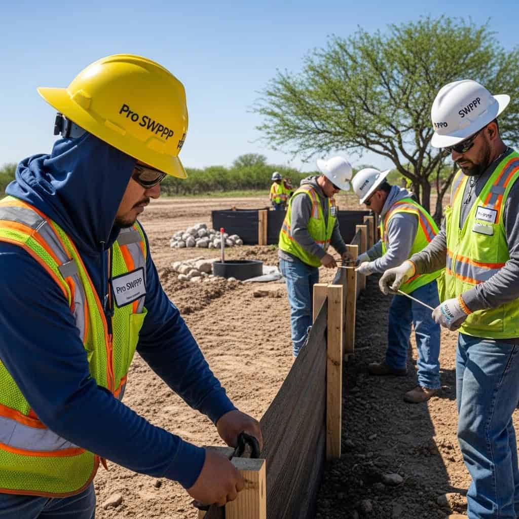 Stormwater Pollution Prevention Requirements In Texas, construction crew working on a stormwater barrier
