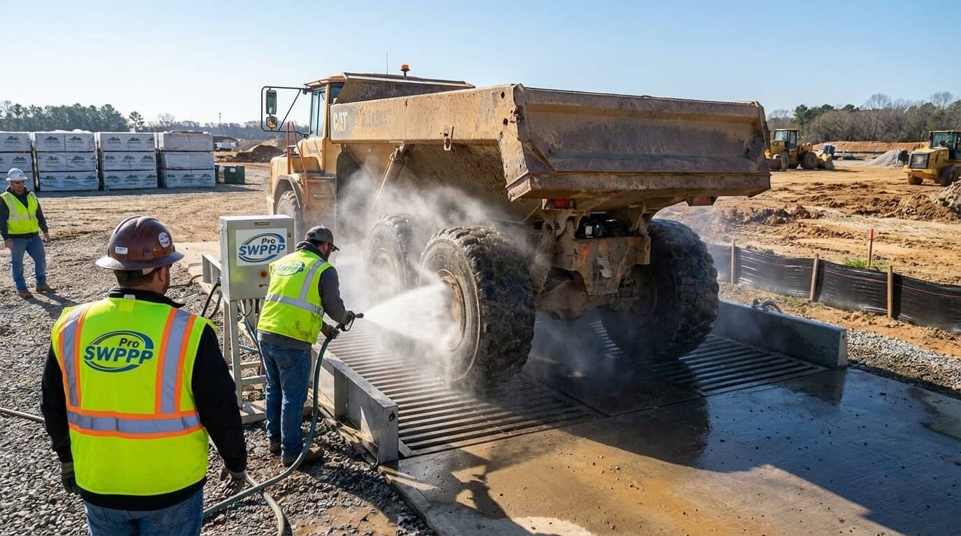 Wheel-wash station at construction site exit with water spraying truck tires