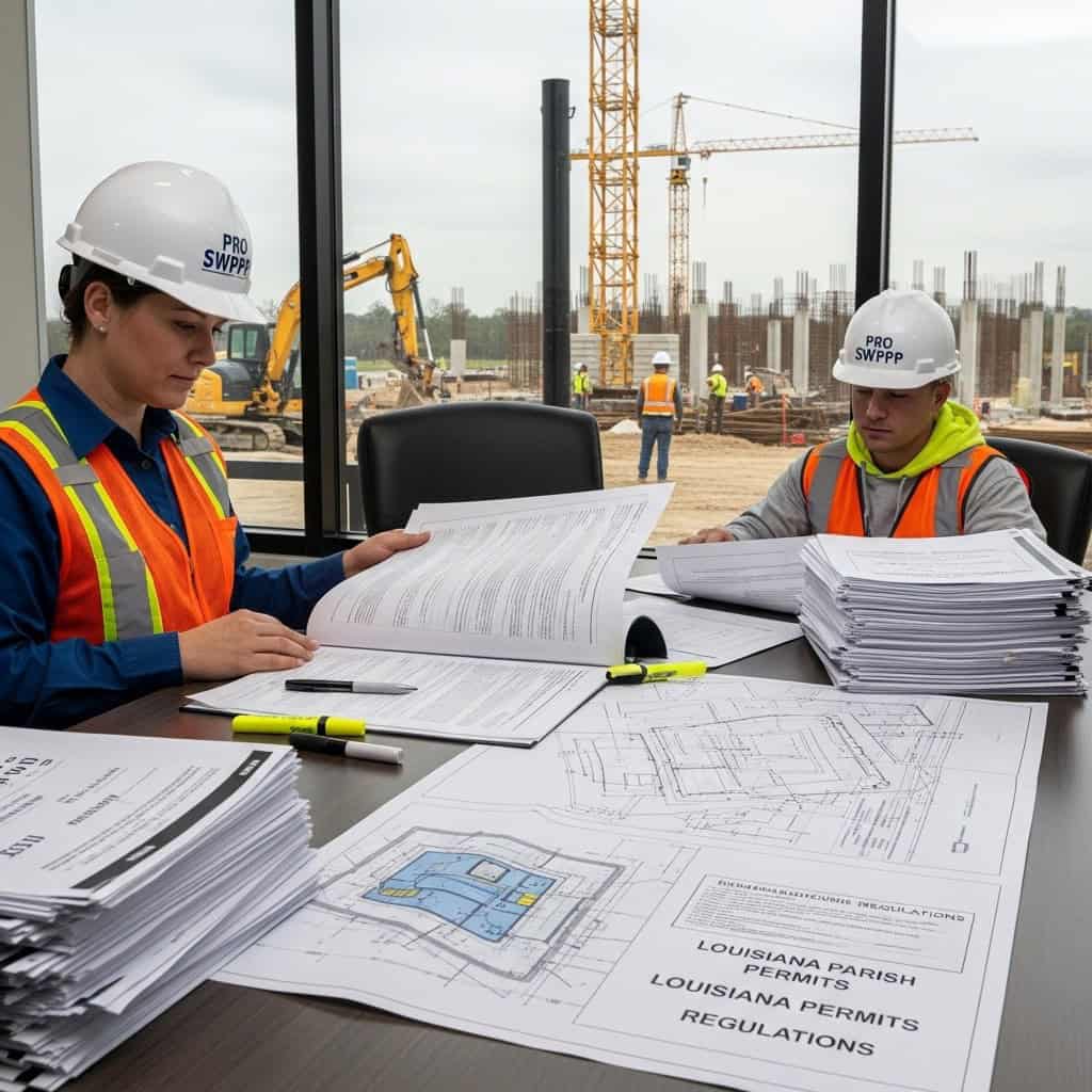 SWPPPP Requirements in Louisiana, 2 contractors working on a stormwater pollution prevention plan