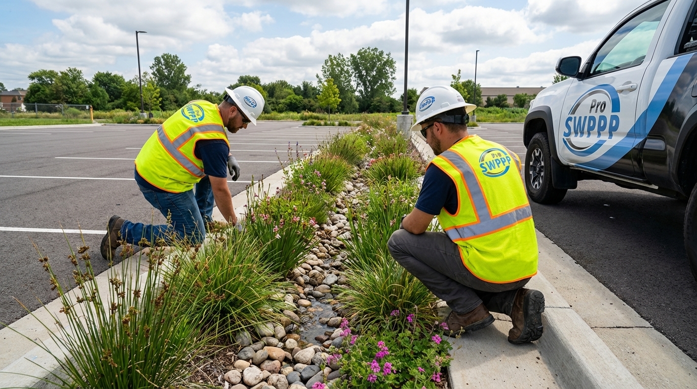 Bioswale installed along parking lot edge with native vegetation filtering stormwater