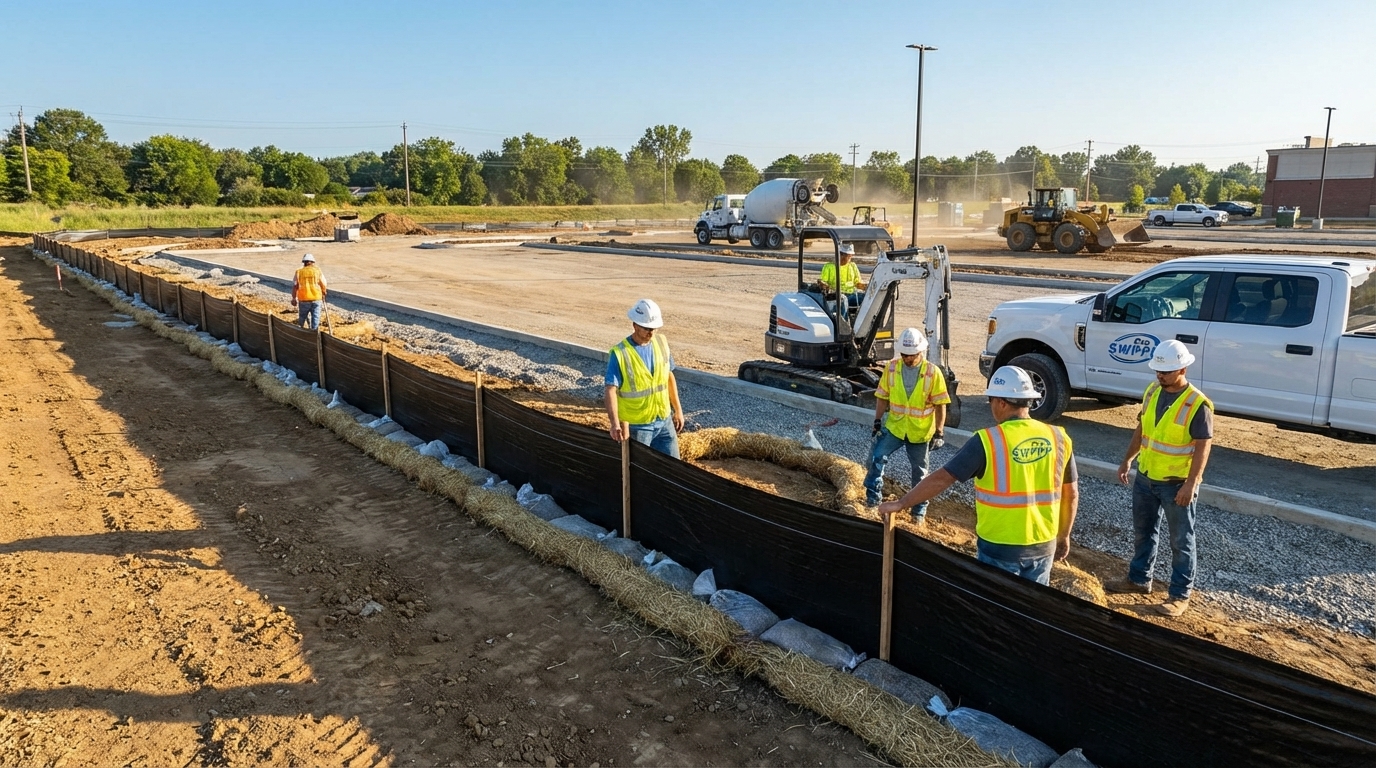 Silt fence and erosion control measures around parking lot construction site