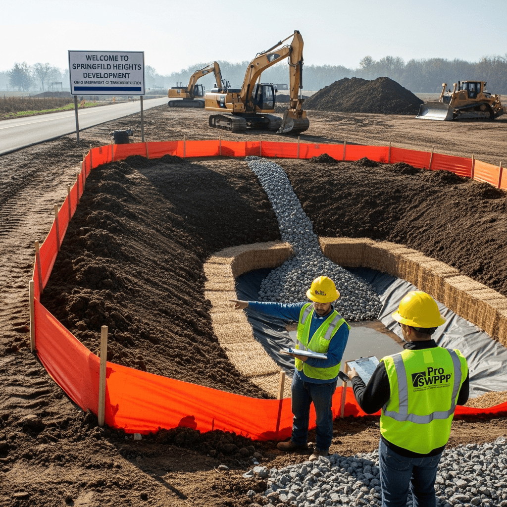 Ohio construction site showing properly installed silt fence and sediment control devices
