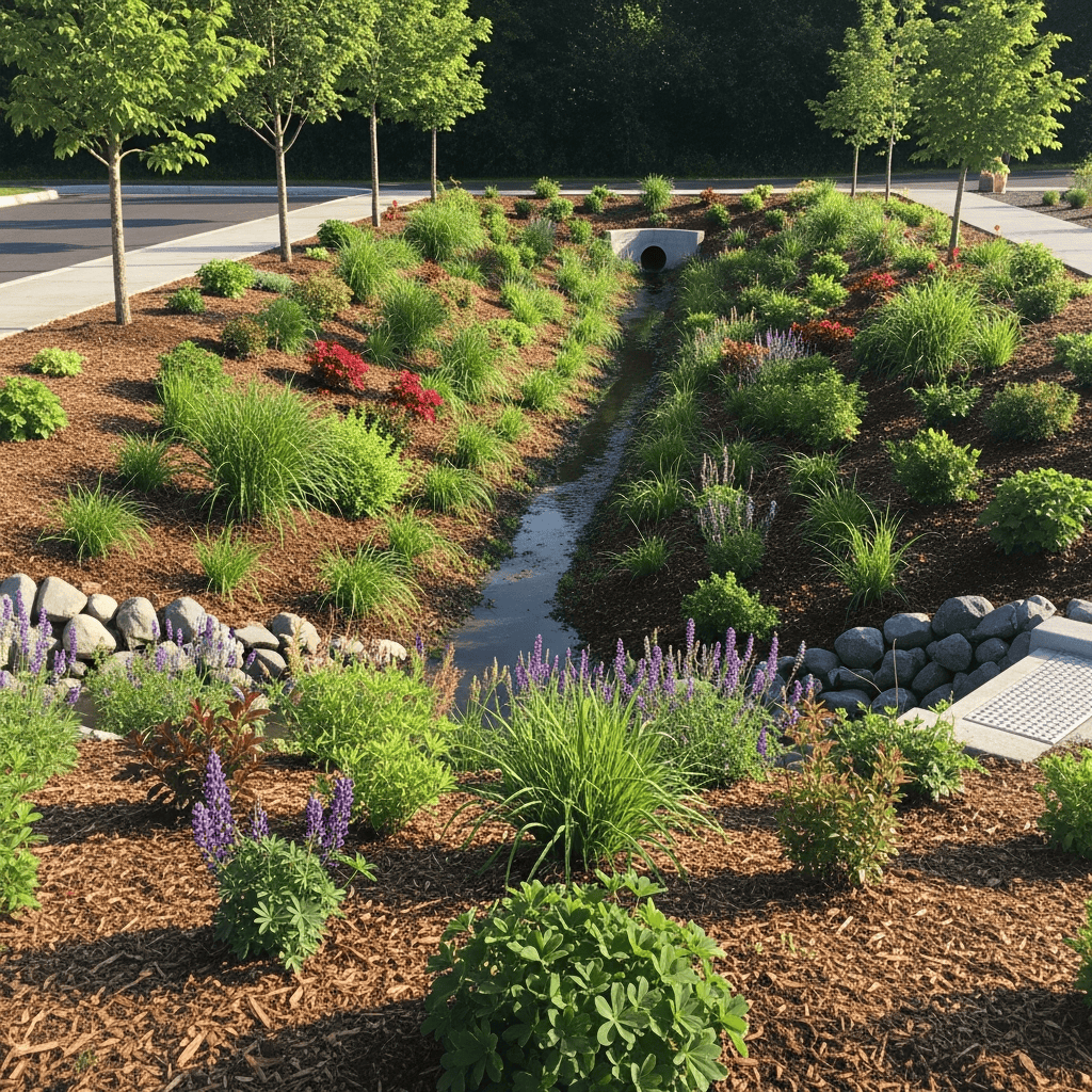 Bioretention cell with native plants filtering stormwater runoff in Washington, SWPPP requirements