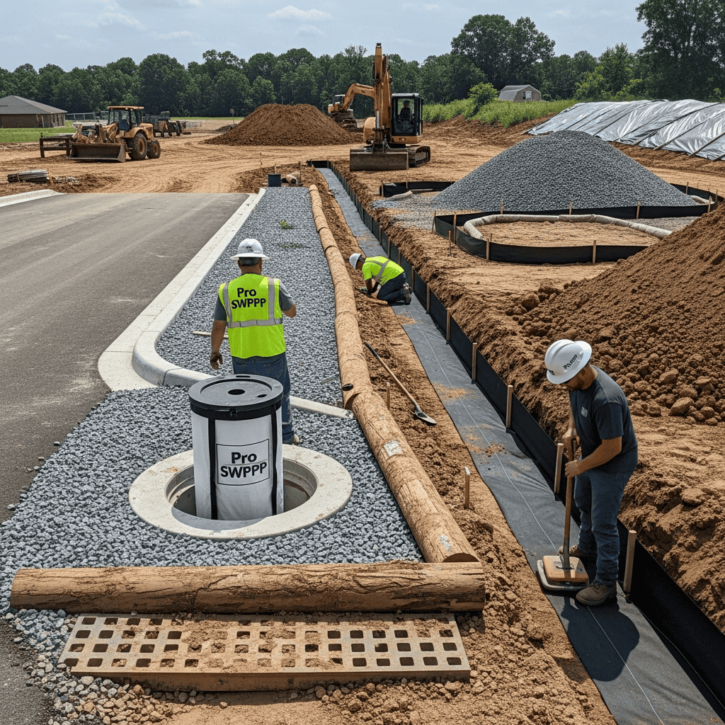 construction workers at an Oregon project site setting up BMPs for their stormwater pollution prevention plan requirements