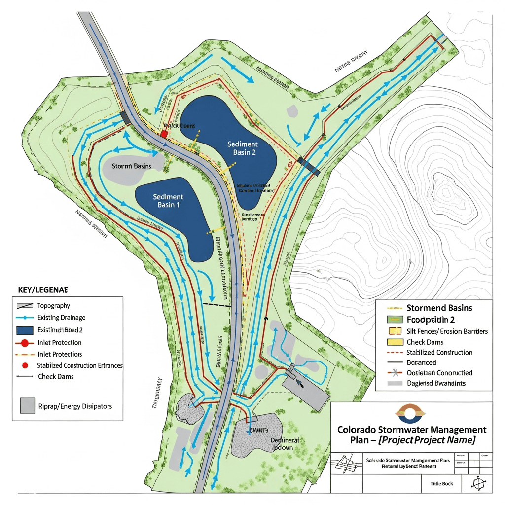 Detailed site map showing Colorado stormwater management facilities and drainage patterns for construction compliance