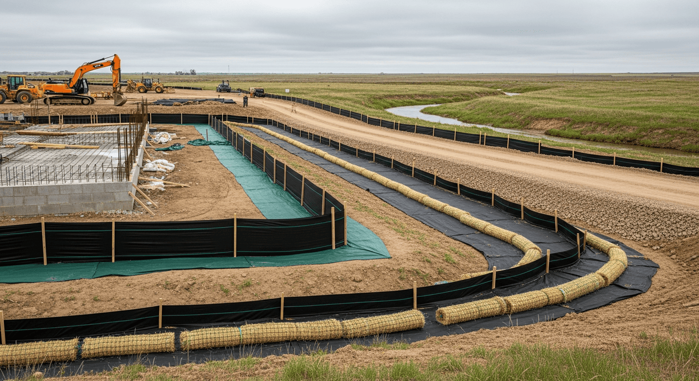 North Dakota construction site with erosion control measures, SWPPP requirements