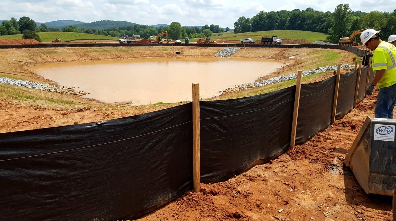 close-up of properly installed silt fence with stakes and sediment basin in background on Virginia construction site