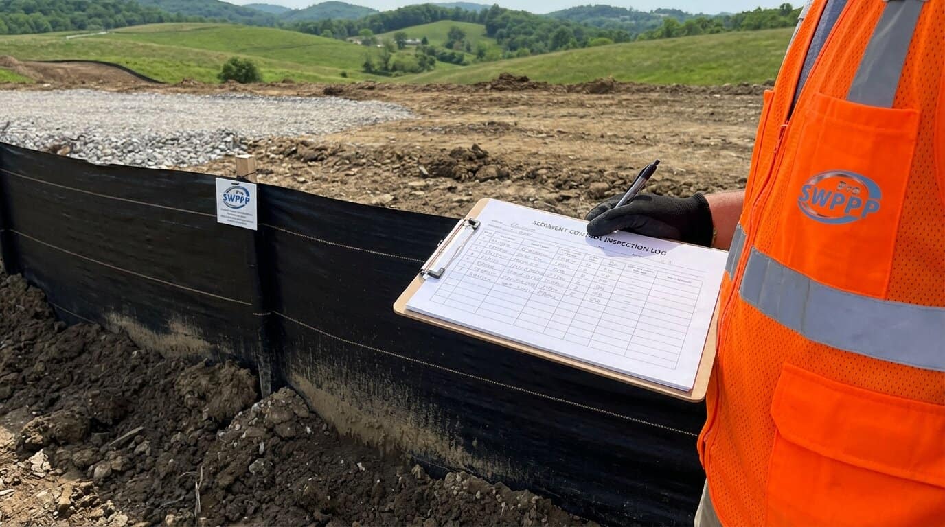 Close-up of a sediment control barrier and inspection log clipboard at a West Virginia construction site