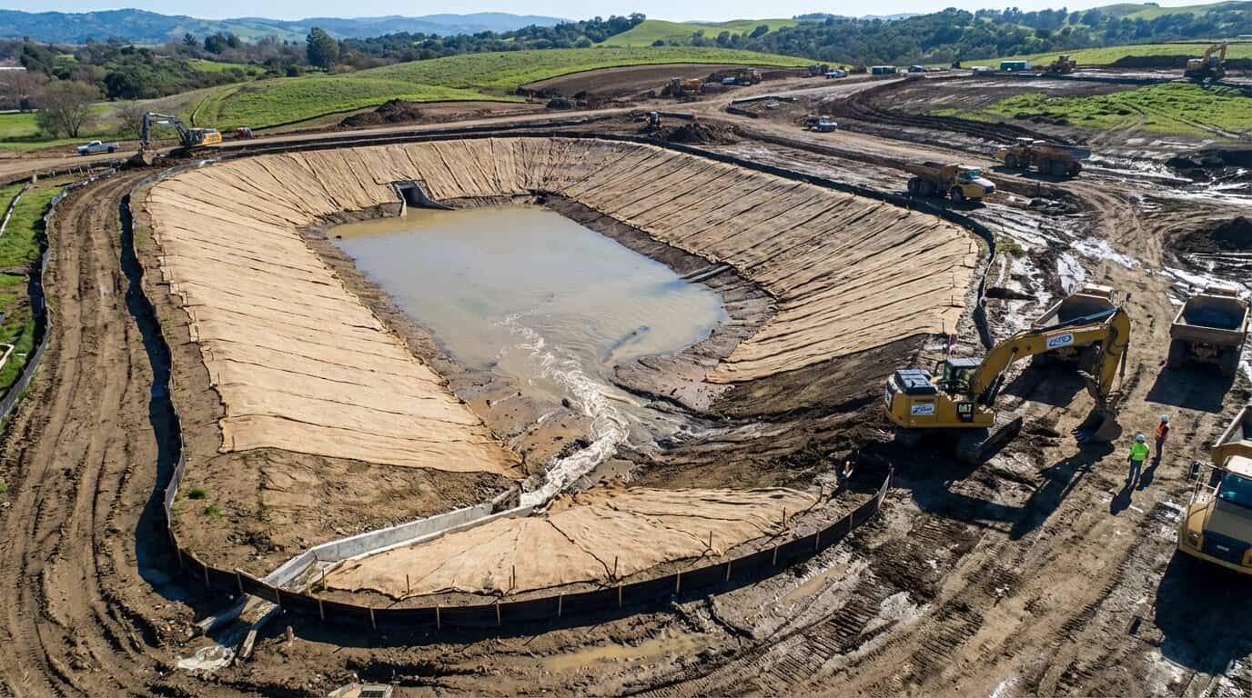 aerial view of construction site showing sediment control basin and erosion blankets on slopes with stormwater flowing into retention area