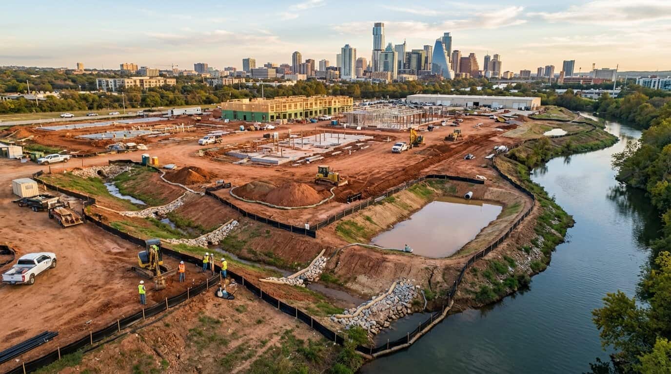 Aerial view of Austin construction site with proper erosion control BMPs installed near waterway