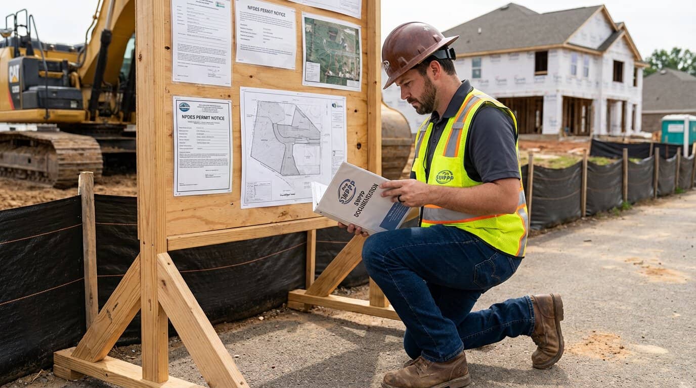 inspector reviewing SWPPP documentation at a construction site entrance with posted permit information