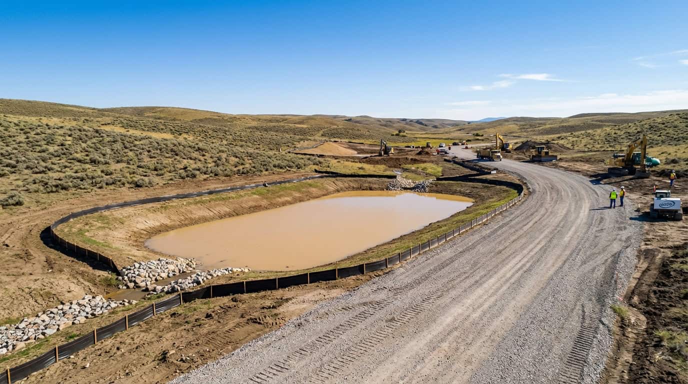 Aerial view of Wyoming construction site with sediment basin and gravel road under blue sky
