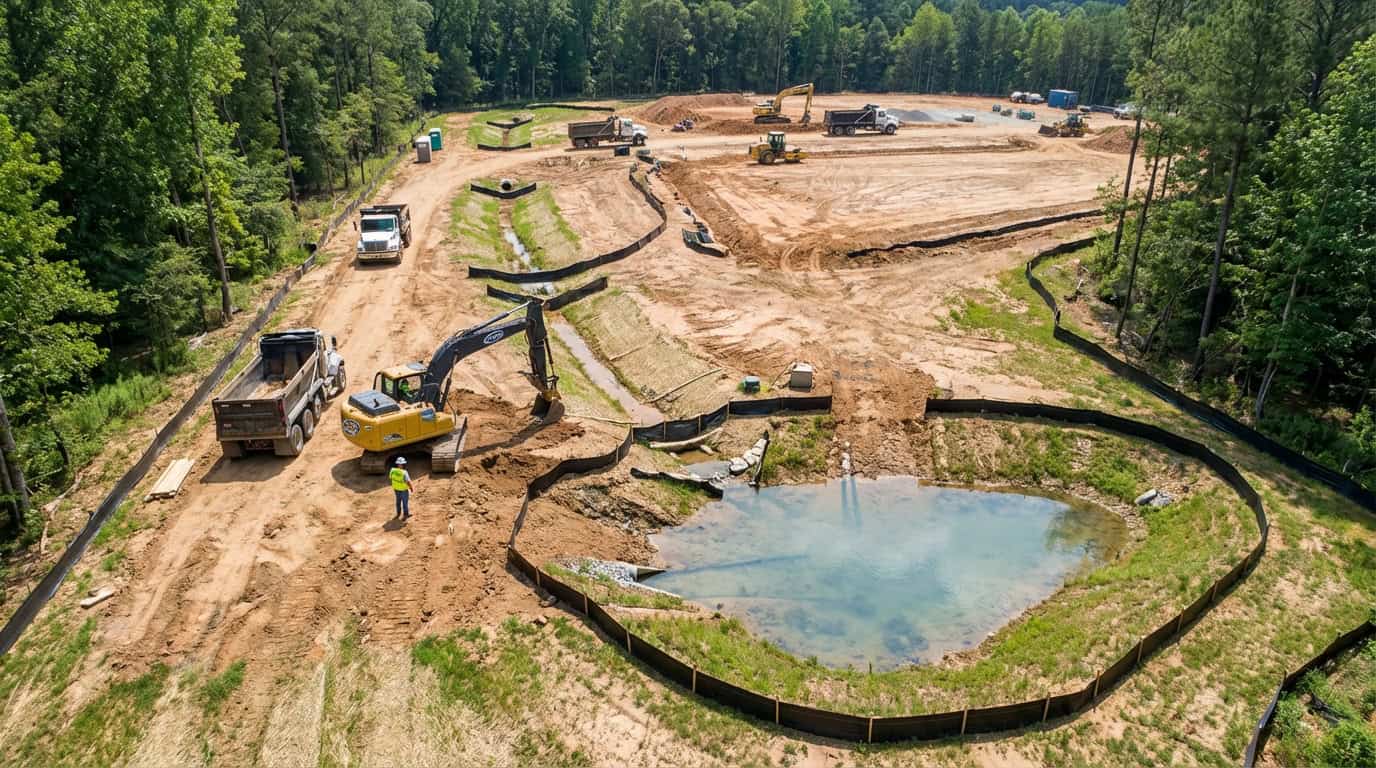 Erosion control and sediment pond at construction site with heavy machinery.