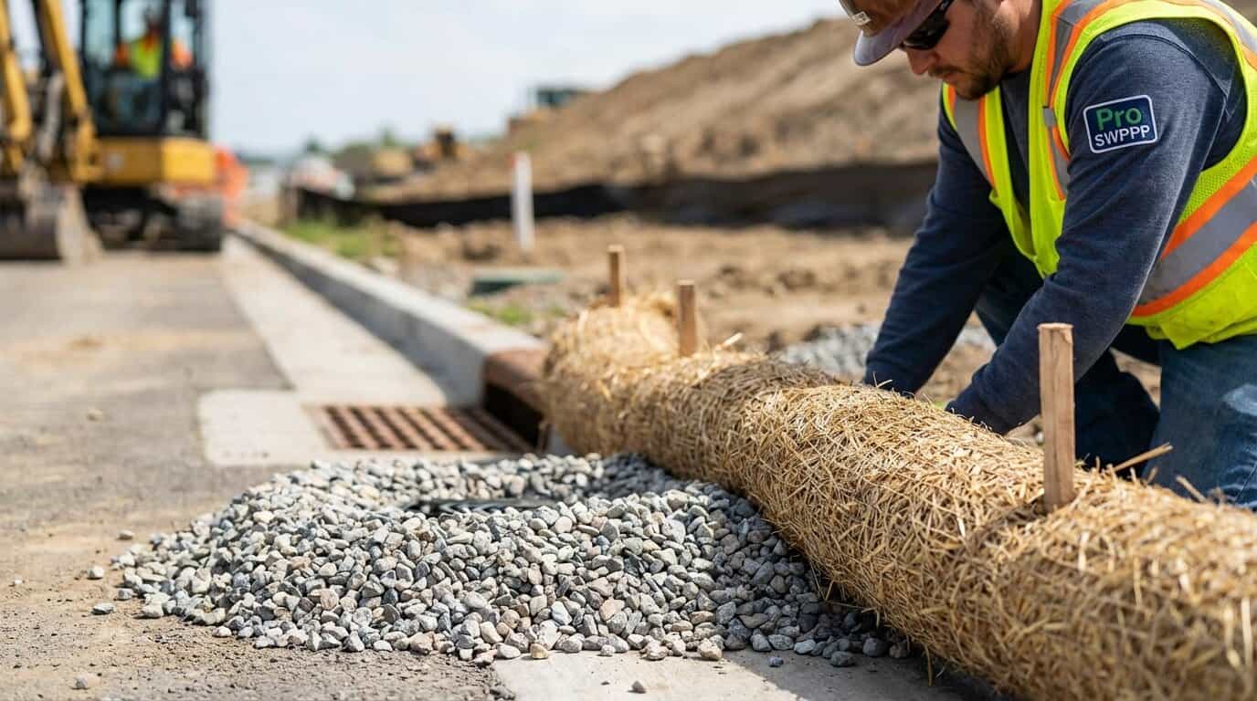 Close-up of sediment control devices including fiber rolls and gravel inlet protection at active construction site