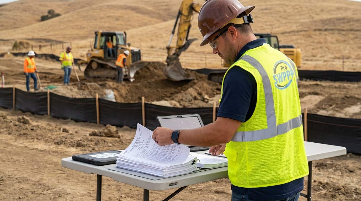 Certified inspector reviewing SWPPP documents at active California construction site
