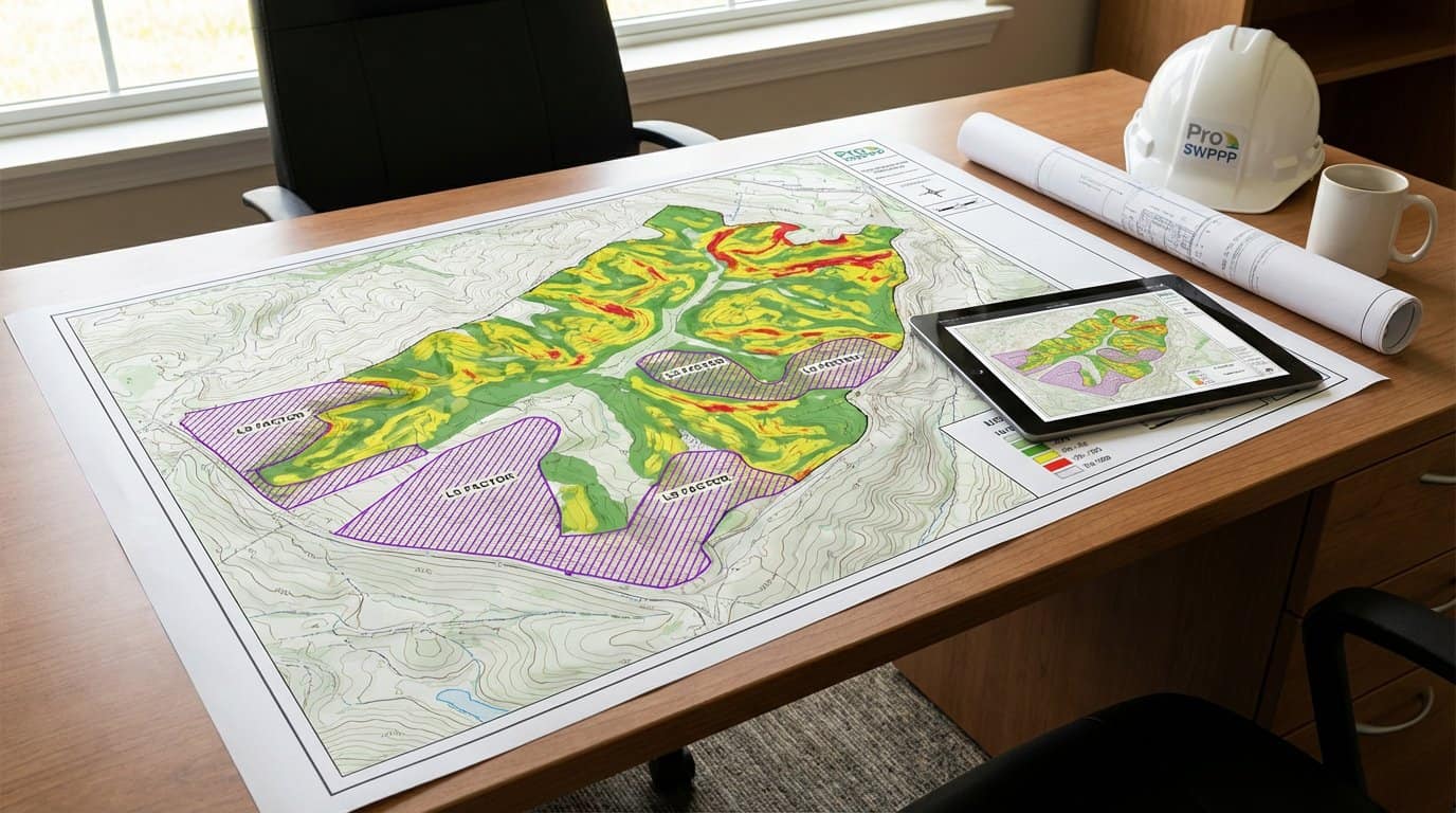 topographic map with slope analysis overlay and LS factor zones highlighted