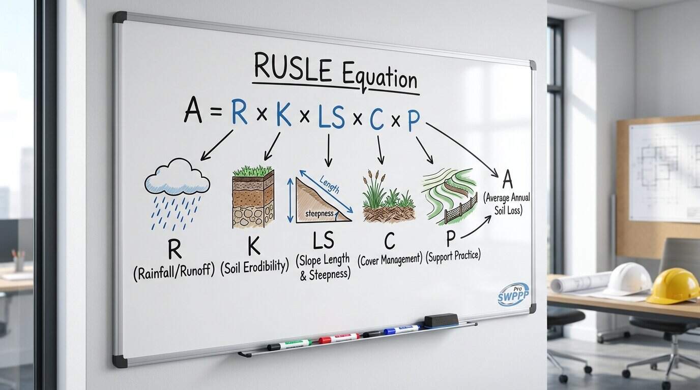 RUSLE equation diagram showing R factor, K factor, LS slope factors, C cover factor, and P practice factor on a whiteboard